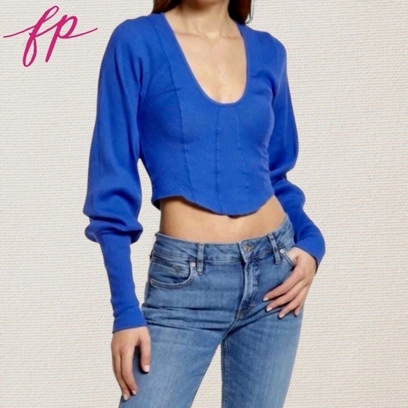 FREE PEOPLE Petra Long Sleeve Low-Scoop Neck Crop Top in Blue/LG NWT - Picture 10 of 14